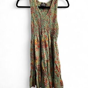 Angie Green Floral Sleeveless Babydoll Dress with Ruched Top Women's Size Large